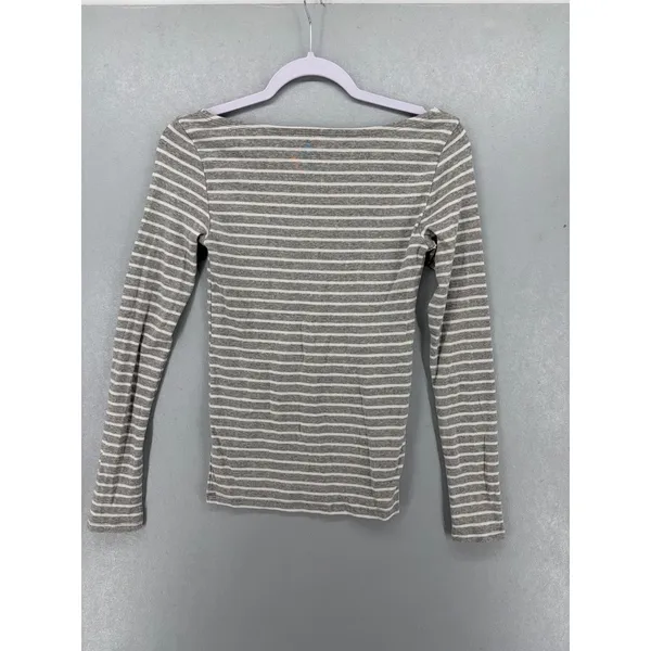 Gap Womens Top Gray White Striped Ribbed Scoop Neck Long Sleeve XS - Image 3