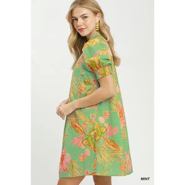 Umgee Botanical Print Dress with Smocked Cuffs - Mint - Small - Image 4
