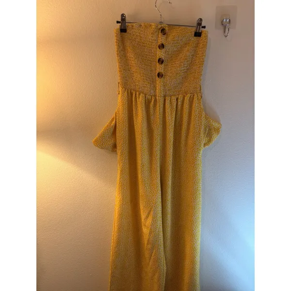 SHEIN‎ Yellow Heart Print Smocked Strapless Wide Leg Jumpsuit Small Boho Summer - Image 5