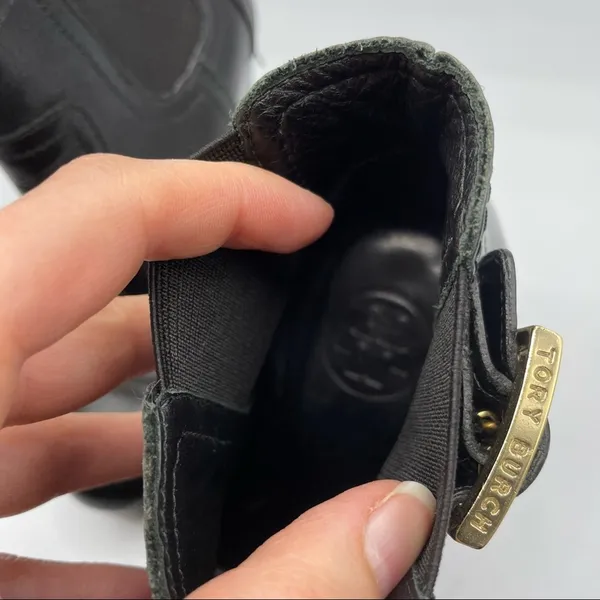 Tory Burch Black Leather Ankle Boots Wedges Womens 5 Booties Luxury Gold Buckle - Image 10