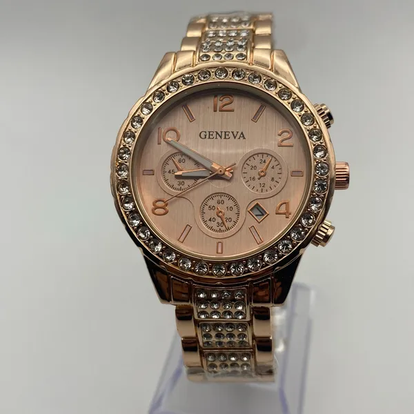 Elegant Geneva Platinum Rose Gold Crystal Bezel Watch New Battery - Image 2