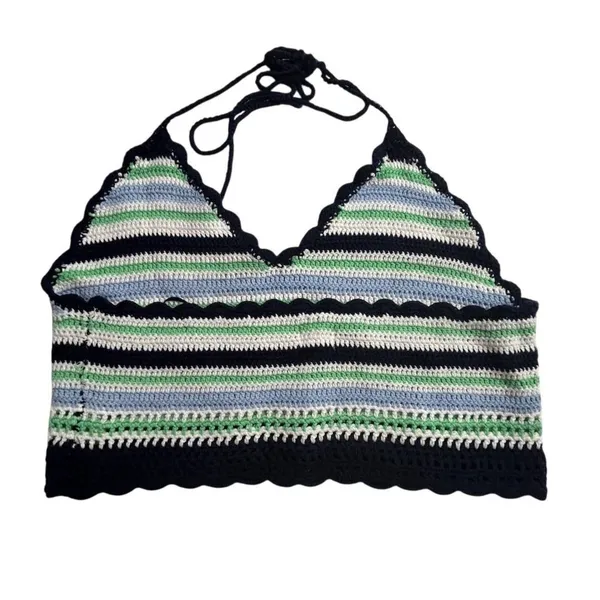 Aerie Women's L Multicolor Striped Crochet‎ Halter Crop Top Summer y2k - Image 2