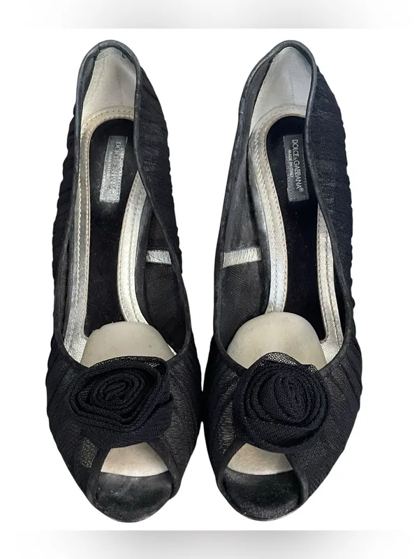Dolce & Gabbana Black Mesh Rosette Peep Toe Stiletto Pumps Women Size 37.5 - Image 3