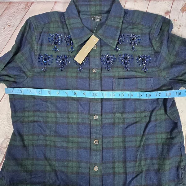 J Crew‎ Womens Plaid Flannel Shirt Blue Green Beaded Embellished Button Down 10 - Image 8