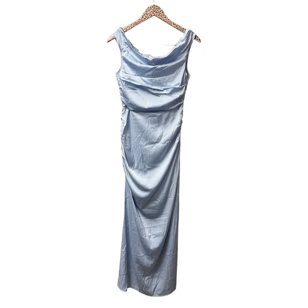 NEW Here Comes the Sun In Blooms Off Shoulder Satin Maxi Dress Blue Large NWT - Image 2