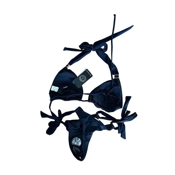 Relleciga Black Triangle Halter Bikini Set Gold Ring Hardware Side Tie Two Piece - Image 2