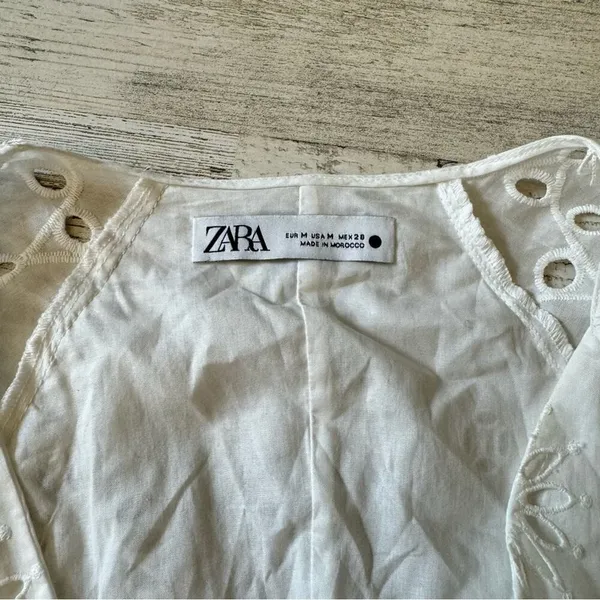 Zara Eyelet Cotton Midi Dress Puff Sleeve Belted Floral Ruffle Tiered Medium - Image 11