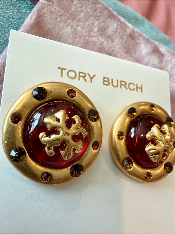 Tory Burch | Gold Plated & Red Stone Dome Logo Earrings - Image 2