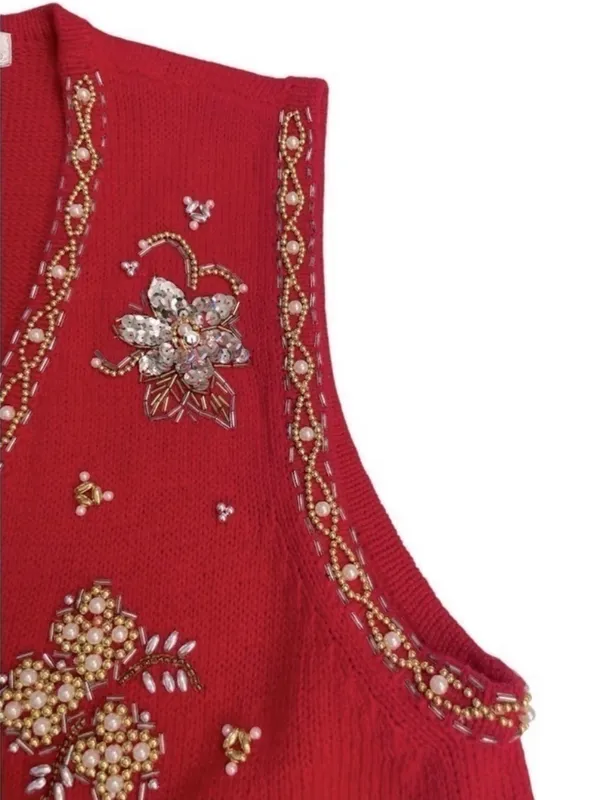 VTG Claudia D Beaded Sweater Vest Red Floral Pearl Embellished Large - Image 5
