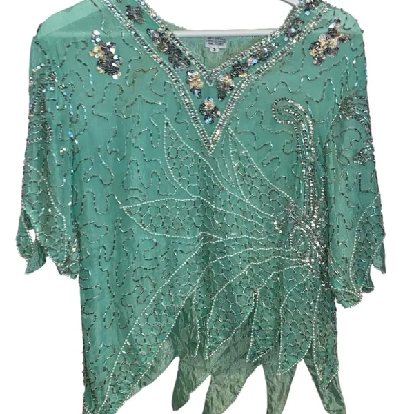 Handmade Vintage 90s Beaded Sequin Seagreen Fairycore Asymmetrical Hem Formal blouse - Image 7