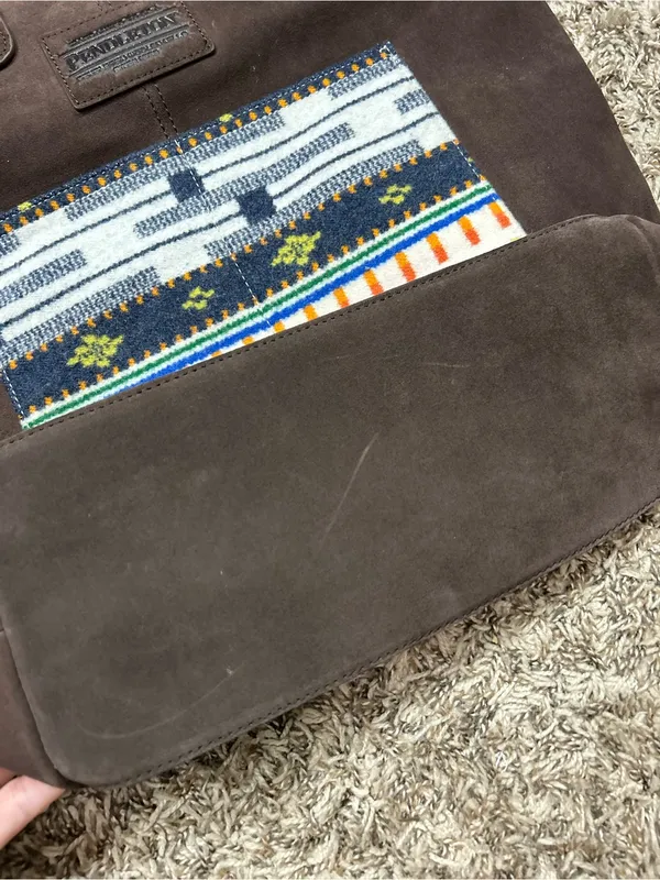Pendleton Brown Suede Messenger Tote with Multicolor Patterned Pocket and back - Image 5