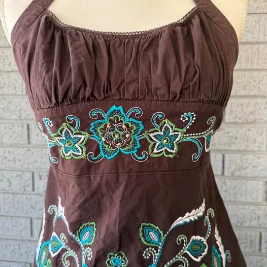 Heart soul Y2K Halter Top Tank Top Brown Blue Embroidered Size XL - Image 7