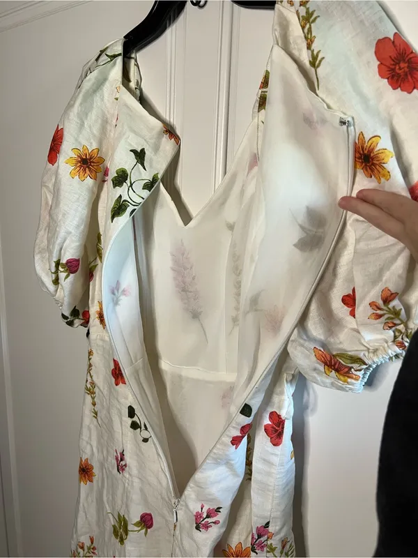 & Other Stories 100% Linen Floral Puff Sleeve Midi Dress - Image 15