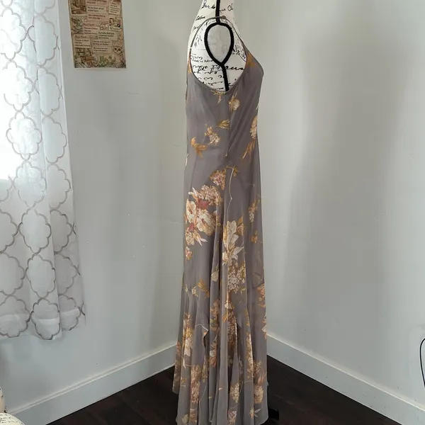 Dress Forum Floral Maxi Slip Dress Taupe Grey V-Neck Tiered Hem Medium Boho - Image 2