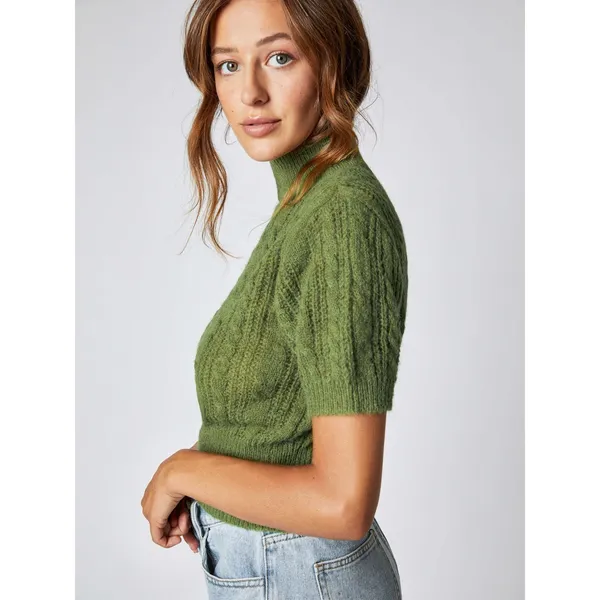 Cider 14R Wool Blend High Neck Olive Matcha Green‎ Short Sleeve Sweater Top M - Image 2