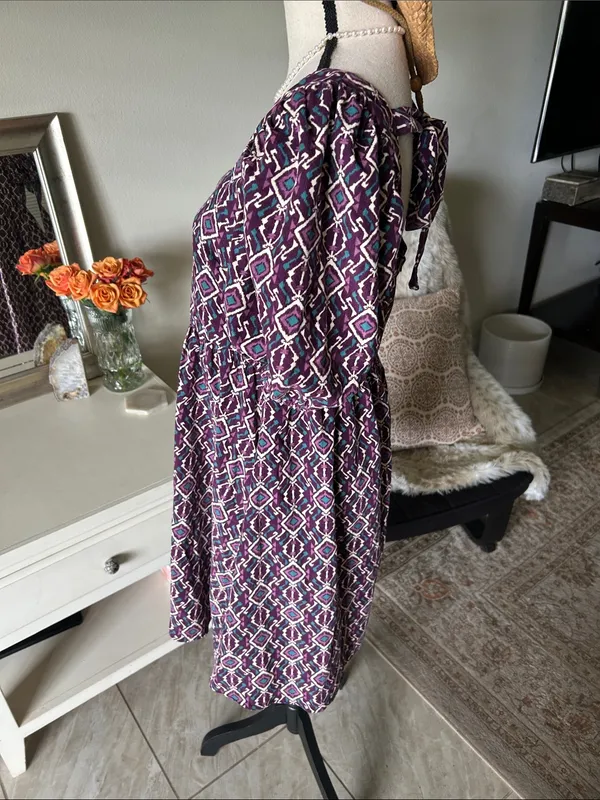 Anthropologie Boho cottage purple corduroy cotton puff sleeve square neck babydoll dress L - Image 6