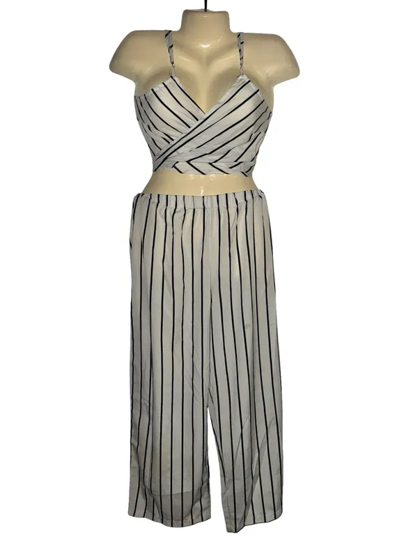 SHEIN White & Black Striped Two-Piece Wide-Leg Jumpsuit Set - Image 2