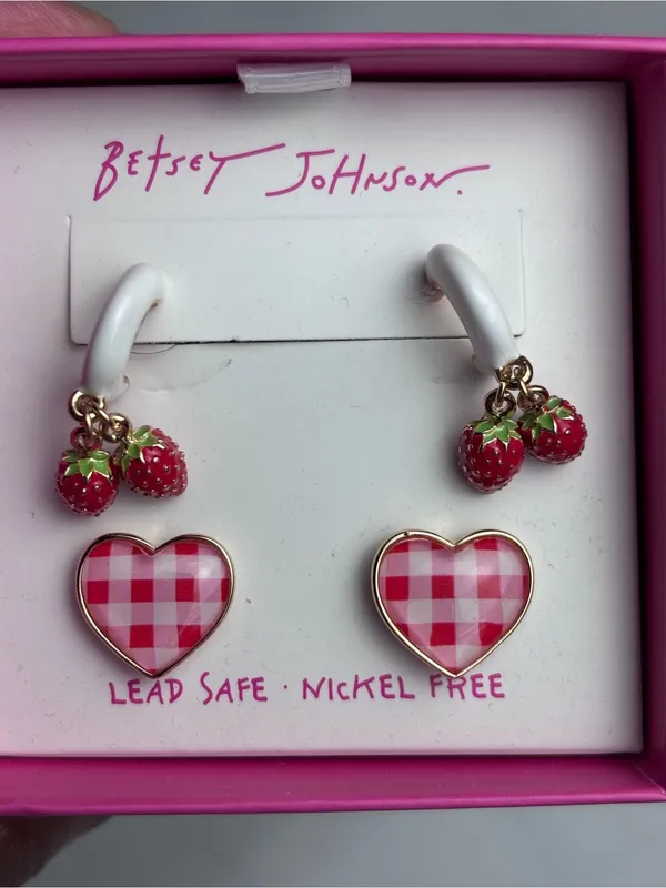 Betsey Johnson Strawberry Hoops & Gingham Heart Earrings Set New In Box - Image 5