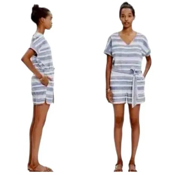 MADEWELL Size-M Romper Perimeter Striped Linen Blend Navy Blue Belted - Image 3