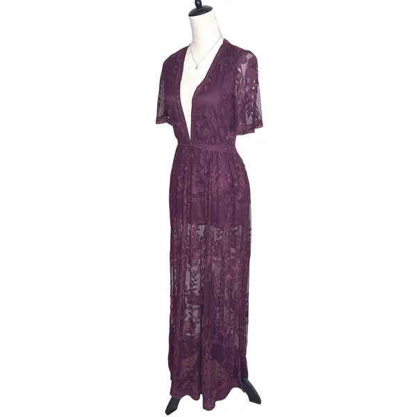 Haute Monde Plum Purple Floral Lace Deep V-Neck Boho Maxi‎ Romper Dress Small - Image 6