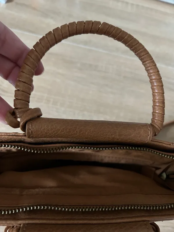 Anthropologie Tan faux Leather Woven-Accent Satchel with Strap - Image 4