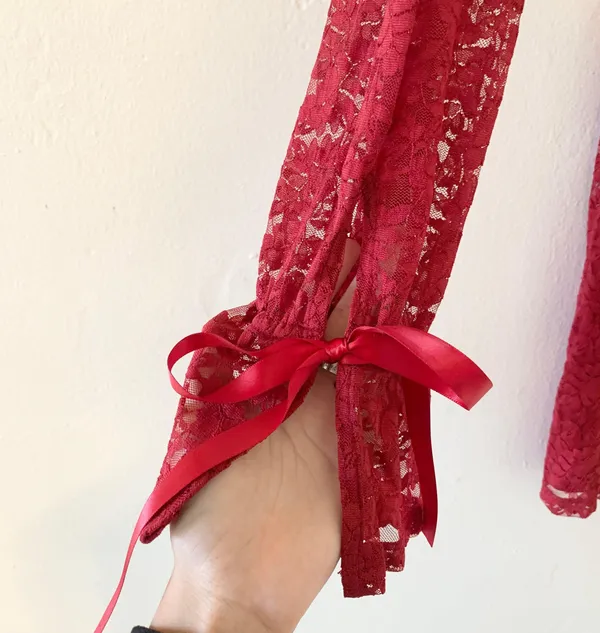 Revolve Lovers + Friends Talia Lace Long Bell Sleeve Mini Dress in Ruby Red - Image 4