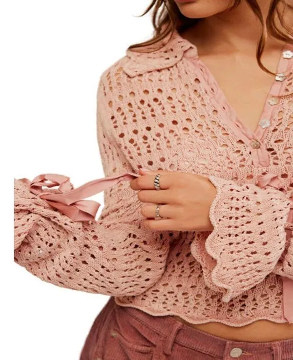 Free People Pointelle Pullover Sweater In Mauve Rose Size L. NEW - Image 4