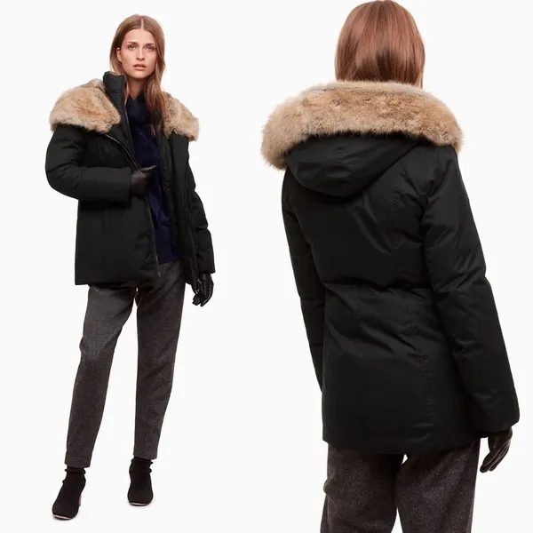 Aritzia Parka Goose Down‎ Asymmetrical Faux Fur Hood Fall Winter Black XXS GUC - Image 5