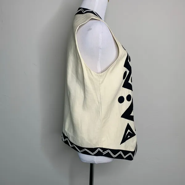 Vintage Geometric Vest Cream Black Sz 10 Lined ? Linen - Image 2