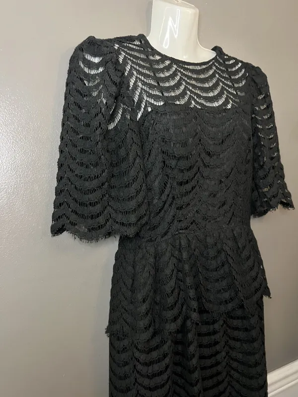Vintage Kappi Dress Womens Small Black Lace Peplum Midi Cocktail Made USA 80s - Image 6