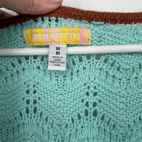 Urban Outfitters Mint Green Pointelle Knit Cropped‎ Sweater Brown Trim Bow Med - Image 3