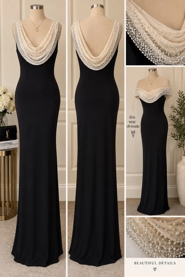 Cache Black Maxi Dress with Cream Beaded Draped Neckline - Image 2