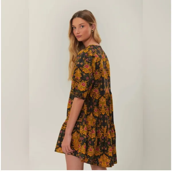 Farm Rio Arabesque Floral Mini Dress Puff Sleeve Tiered Black Yellow Large - Image 4