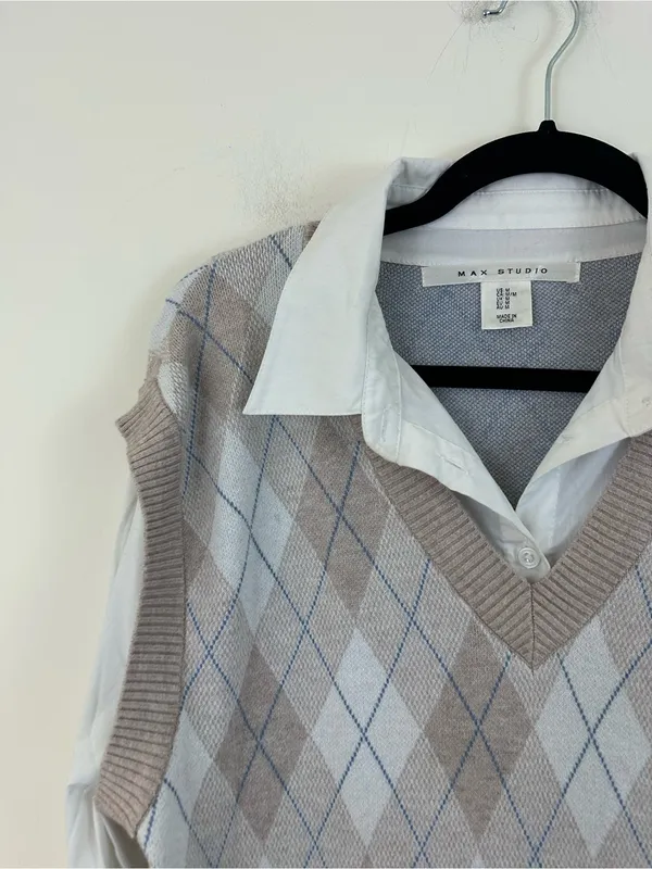 Max Studio Tan Argyle Layered Long Sleeve Sweater Dress Size Medium - Image 2