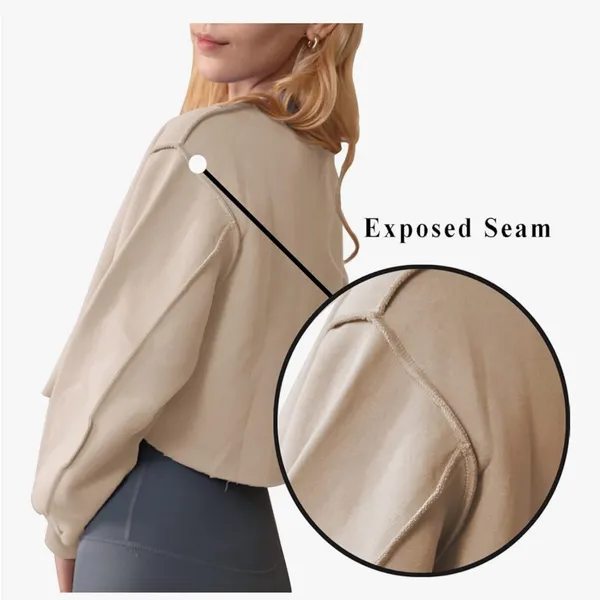 Amazhiyu Cropped Sweatshirt Long Sleeves Pullover Fleece Crop Top Medium Tan - Image 2