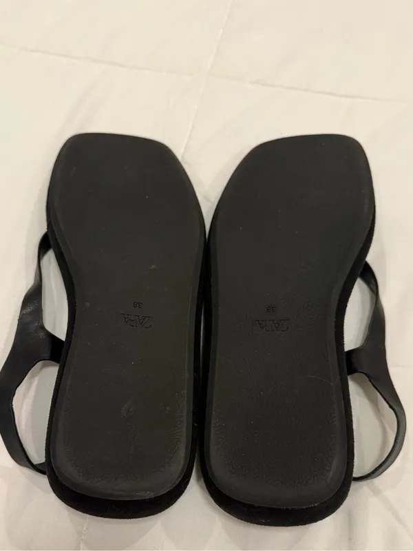 ZARA 1 Black Leather Flatform Thong Sandals Square Toe Slingback 38 / US 7.5 - Image 5