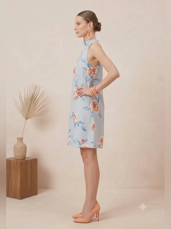 Show Me Your Mumu Dress Small Floral Halter Backless Mini Light Blue Peach Rose - Image 3