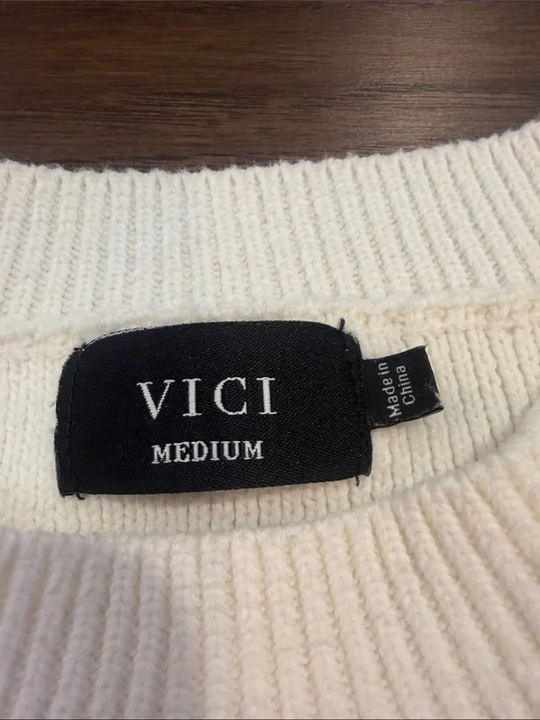 Vici Ivory Ribbed Cropped Crewneck Sweater Size Medium - C59-020 - Image 2