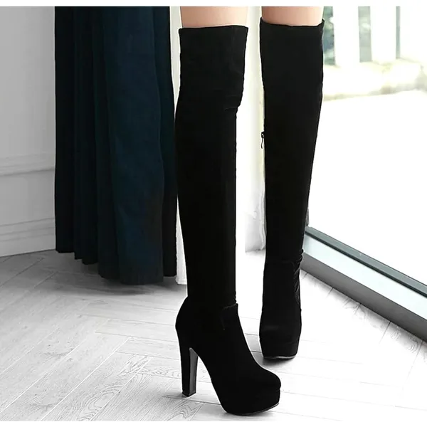 H & M Thigh High Platform Boots Stretch Faux Suede Black 10 - Image 5