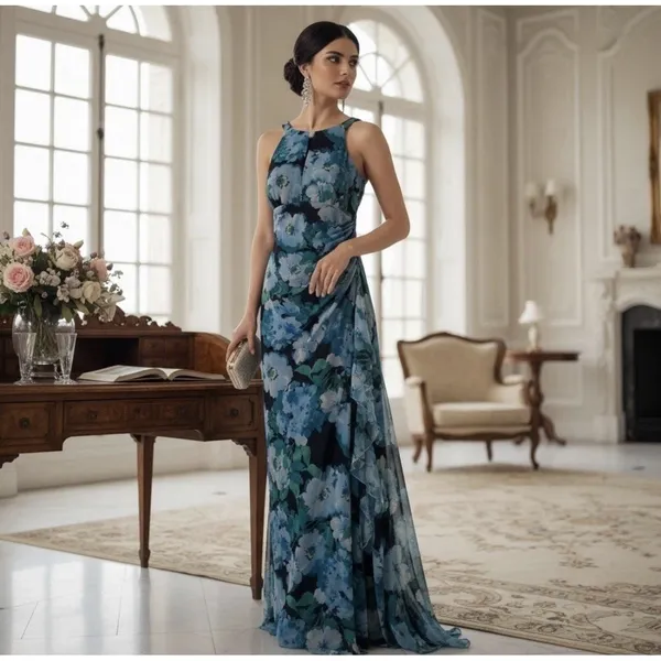 Betsy & Adam‎ Women's Size 12 Blue Floral Mesh Gown NWT Zip Back Halter Neck - Image 8
