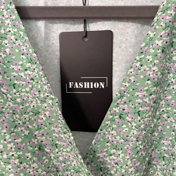 Fashion Floral Pleated Midi Dress Green Purple‎ Ditsy Puff Sleeve V-Neck Size M - Image 8