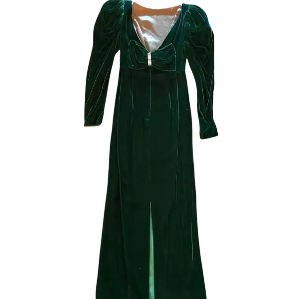 Vintage Forest Green Velvet Rhinestone Backless Bow dress Gown 40s black Tie - Image 2