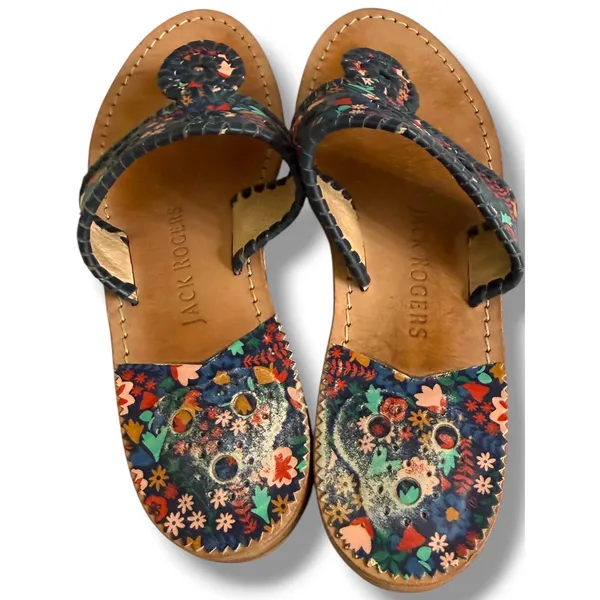 Jack Rogers Jacks Flat Sandals Navy Floral Leather Whipstitch Thong‎ Slide 9M - Image 4