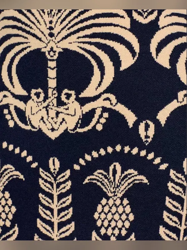 FARM Rio Ainika Tropical Splendor Knit Midi Skirt Navy Blue Cream Fringe M - Image 3