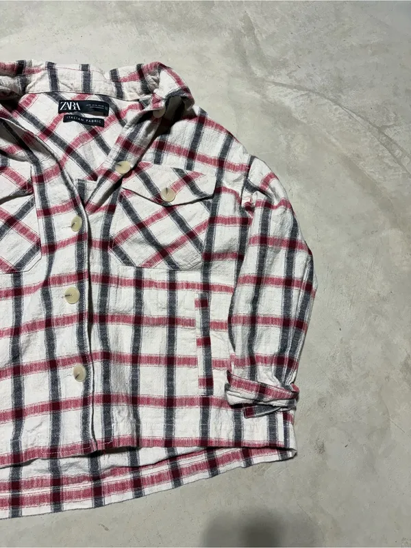 ZARA Plaid Button-Up Shirt Jacket - Cream, Red & Black Italian fabric XL - Image 4