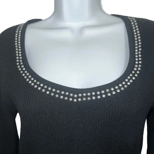 NANETTE LEPORE Black‎ Silver-tone Studded Scoop Neck Ribbed Knit L/S Top NWOT S - Image 3