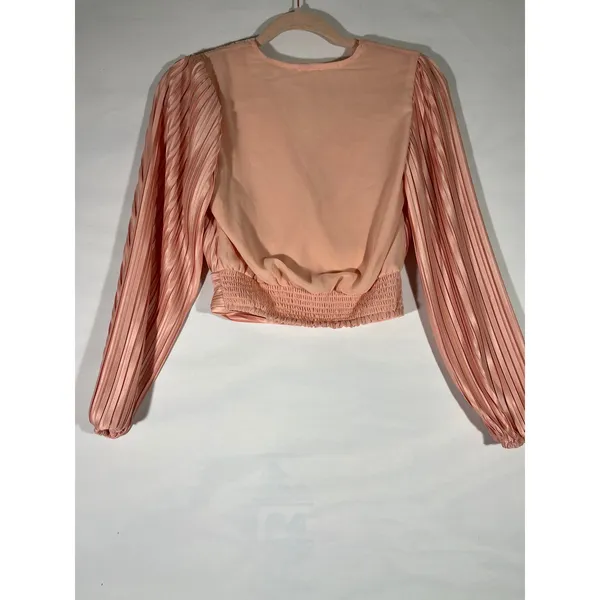 Japana‎ Pleated Faux Wrap Peplum Women Blouse Crop V Neck Elastic Waist Peach XS - Image 2