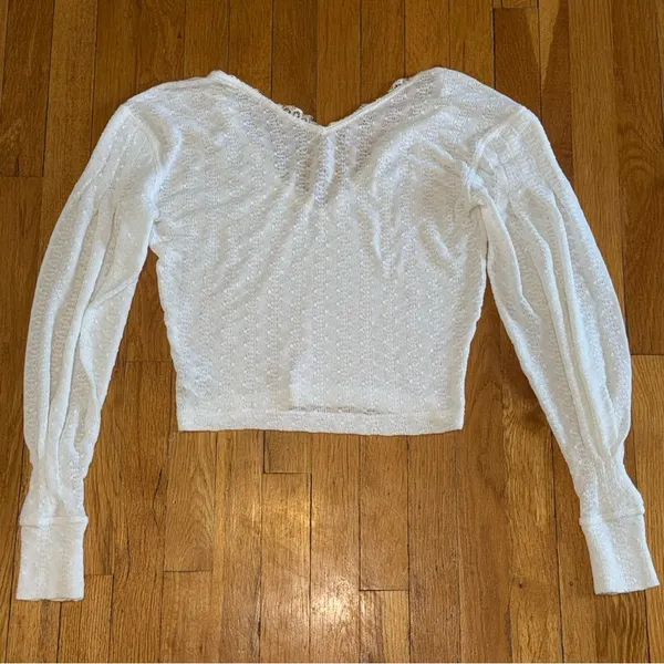 FREE‎ PEOPLE Lace V-Neck Balloon Sleeve Sweater White Oversized XS - Image 3