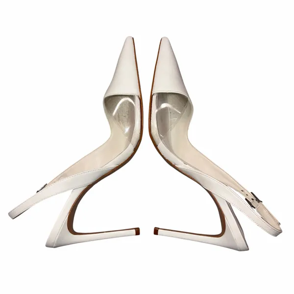Schutz White Leather & Clear Acrylic Slingback Pointy Toe Heels Shoes 11 - Image 6