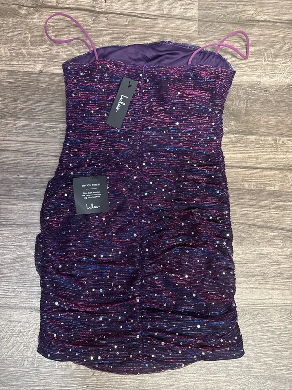 Lulus Purple Metallic Rhinestone Bodycon Mini Dress Size L NWT - Image 3